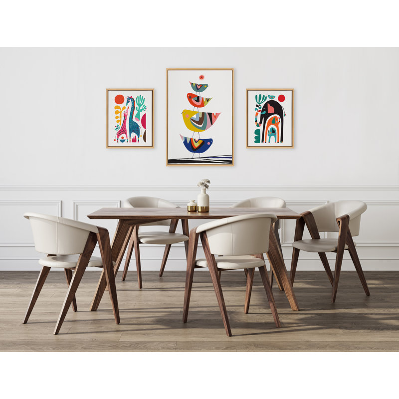 «Family Tree 4 Birds, Giraffe Love and Three Elephants» par Rachel Lee, 3 oiseaux, ensemble d'art mural sur toile encadrée