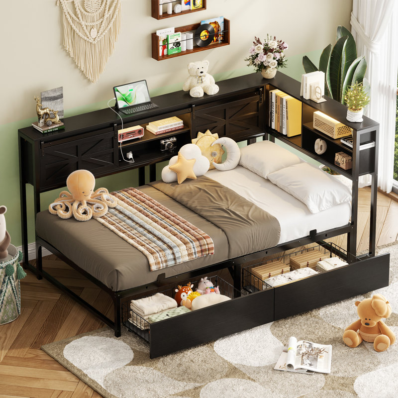L Shaped Twin Bed Frame with Bookcase & Drawer, Farmhouse Daybed with Power Outlet & LED, Black