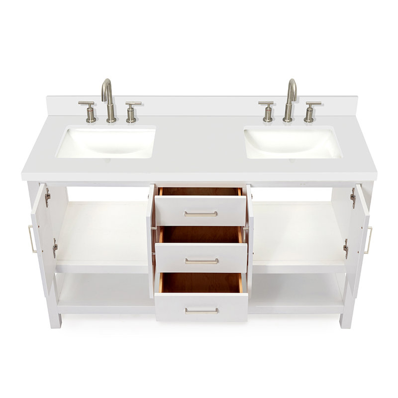 Magnolia 61" Double Bathroom Vanity in White, with 1.5 Pure White Quartz Top, Rectangle Sink, White, White Quartz, Rectangle 