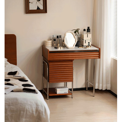 Mid Century Vanity Table With Extendable Side Storage Cabinet
