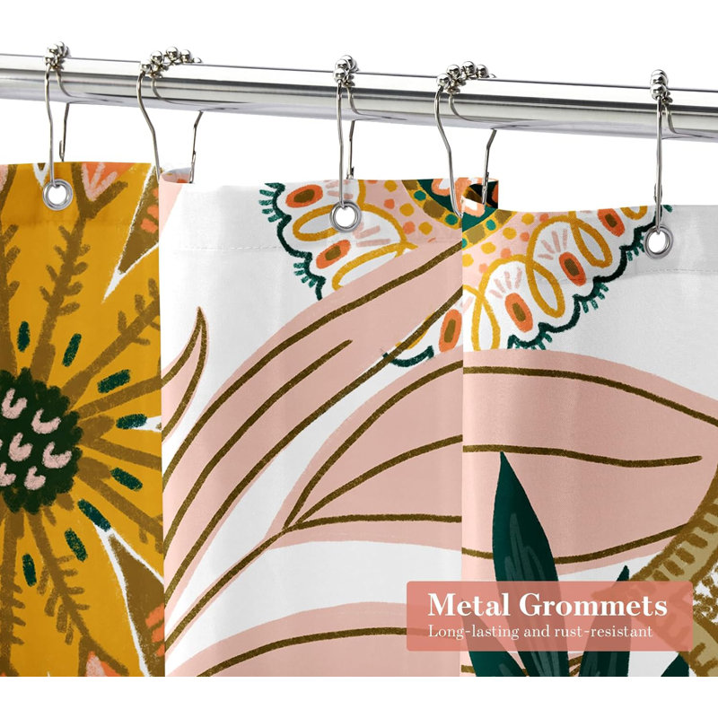 Boho Floral Fabric Shower Curtain with Colorful Tropical Leaves, 72x72