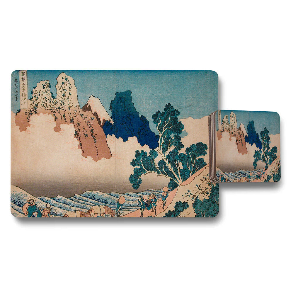Japanese Landscape Placemats and Coaster Set Ukiyoe Mountain Scene