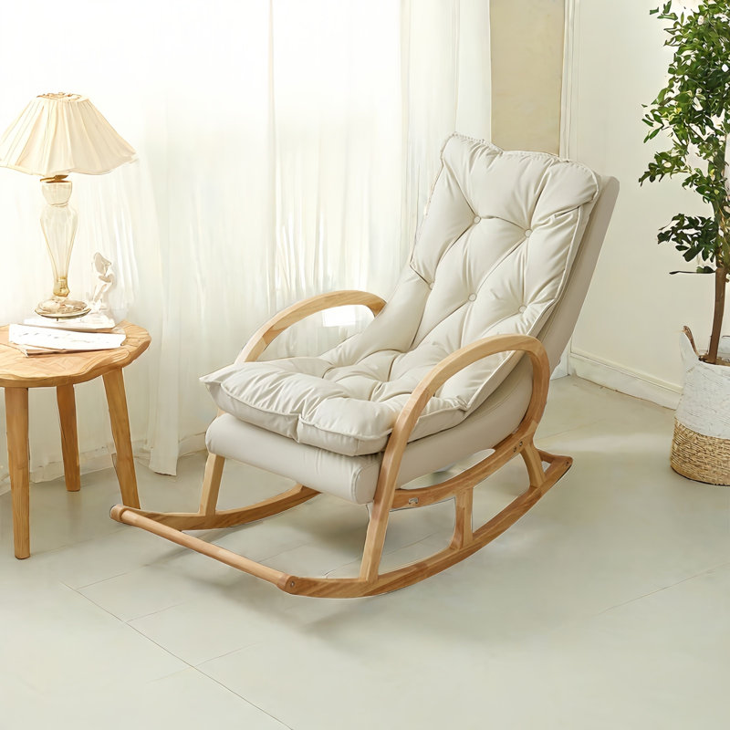Chaise berçante moderne en bois massif rembourré, Blanc cassé / blanc