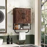 Armoire à pharmacie rustique avec deux portes de grange, armoire de rangement murale en bois avec tablette réglable et barre à serviettes, armoire à 3 niveaux pour la salle de bain, salon (chêne lavé)