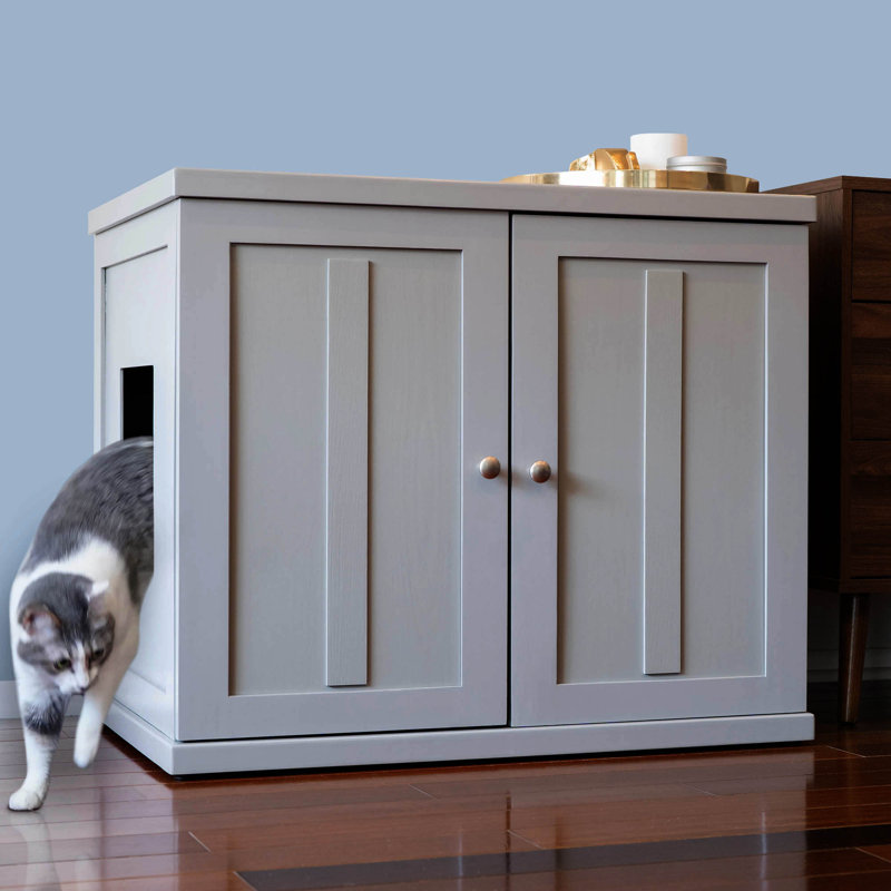 The Refined Litter Box - Wood Cat Litter Box Enclosure Cabinet with Drawer, Shaker Style, Extra Large, Smoke