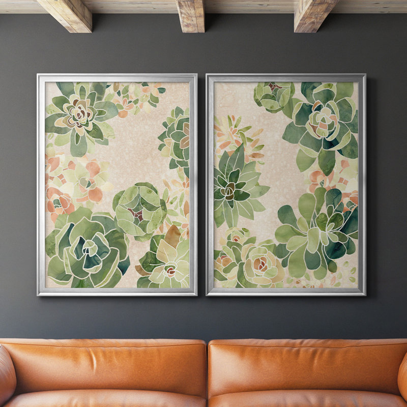 Vitrail Succulents I - ensemble de 2 reproductions d'art sur toile encadrées, H 36,5 po x l 53 po x P 1,25 po, Argent