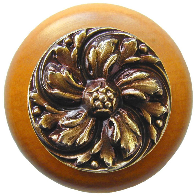 English Garden 1.5" Diameter Mushroom Knob, Antique Brass/Maple Wood