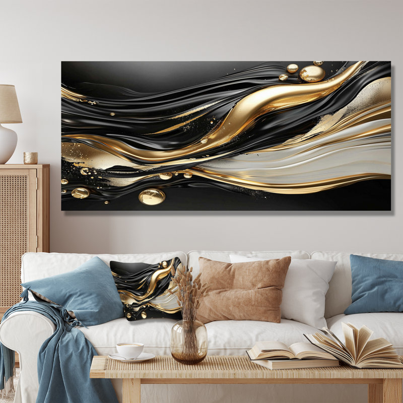 Fractal Waves Of Dark Golden Fusion II - Abstract Metal Wall Decor, Waves Metal Print, 28" H x 60" W x 0.84" D