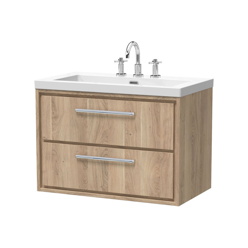 Hudson Reed Lille 800mm Antique Oak 2 Drawer  Wall Hung Vanity Unit With 3 Tap Holes Fireclay Basin, Bleached Oak, 81.3cm W