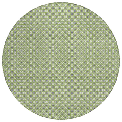 8' Green And Gray Round Floral Washable Indoor Outdoor Area Rug