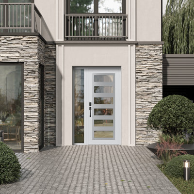 C9 Right-Hand 48 In. X 80 In. Panel  Steel White And White Clear Glass With Sidelite Clear Glass Prehung Front Entry Door