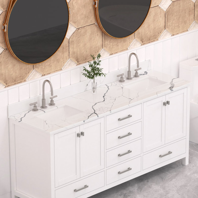 Plan de toilette double lavabo en quartz blanc de 183 cm (72 po) avec lavabo encastré en céramique et dosseret., 72