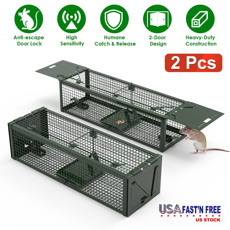 2Pack 15.35x4.72x3.94in 2 portes Humain Live Rat Trap, Vert foncé