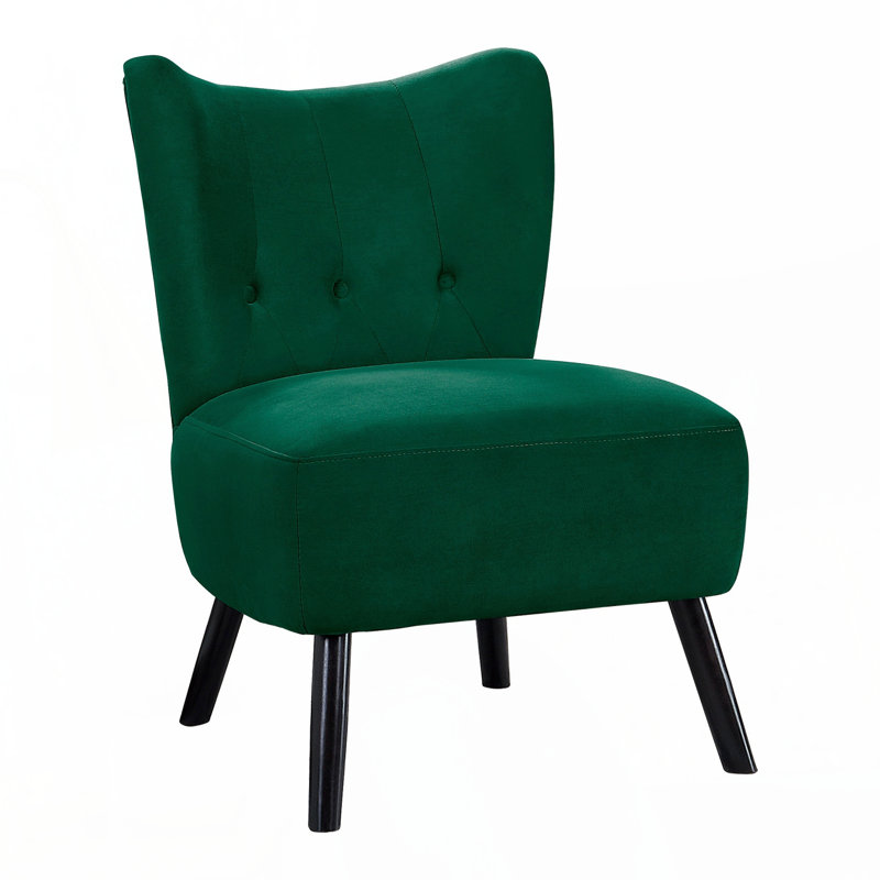 Fauteuil d'appoint en velours vert de style unique avec dossier capitonné à dossier et pieds en bois brun, Vert