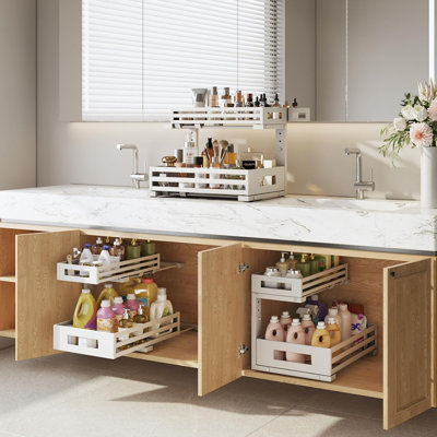2-Pack 2-Tier L-Shaped Under Sink Pull-Out Organizer With Round Tube Slide Rails, Height-Adjustable Drawers For Kitchen & Bathroom, White