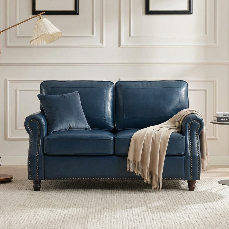 59" Upholstered Loveseat Faux Leather Sofa, Blue