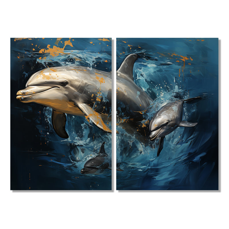 Blue Dancing Dolphines IV - Décoration murale moderne, Toile tendue, Ne s’applique pas, H 36 po x l 48 po