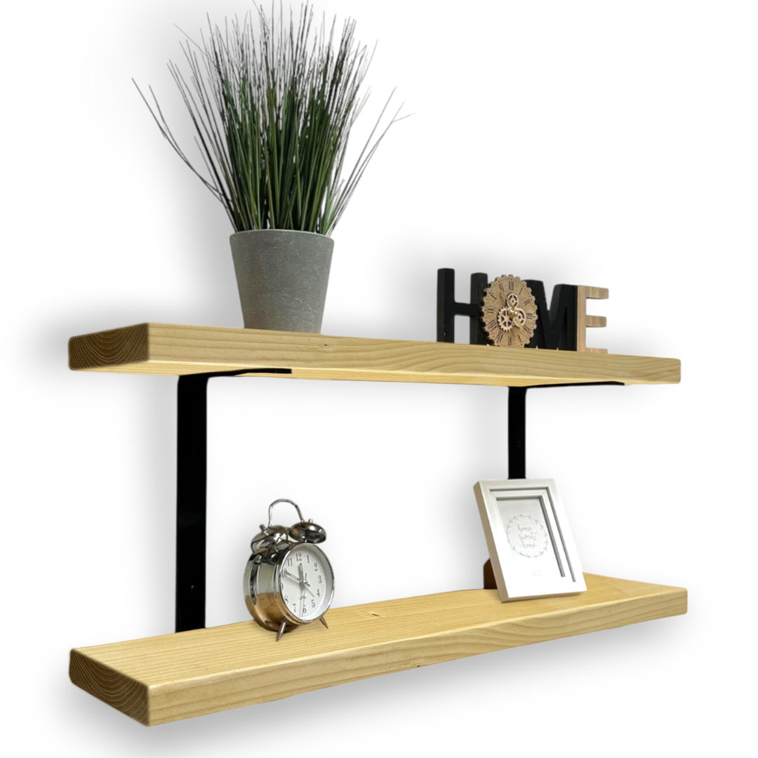 Double Rustic Wooden Shelves Wall-Mounted Shelf With Seated Double Black L Brackets (Rustic Pine)