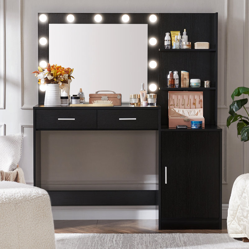 46.4In Dressing Table With Mirror And Lights - Vanity Desk 2 Large Drawers & Vertical Organizer, 3 Level Dresser, Adjustable Brightness Lighting Modes For Bedroom  Black