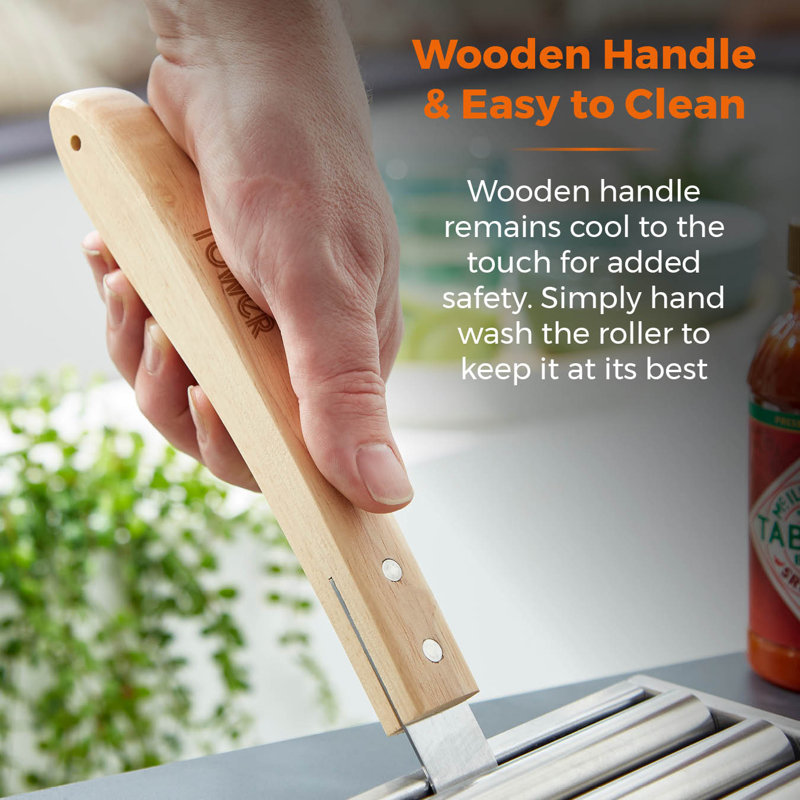 Tower BBQ Hot Dog Roller with Wooden Stay Cool Handle, Robust Construction, Stainless Steel