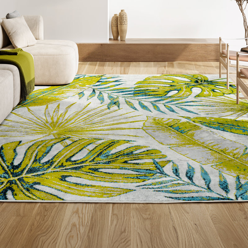 Marlinton Tropical Leaves Ivory/Green Rug, Rectangle 3'11" x 6'