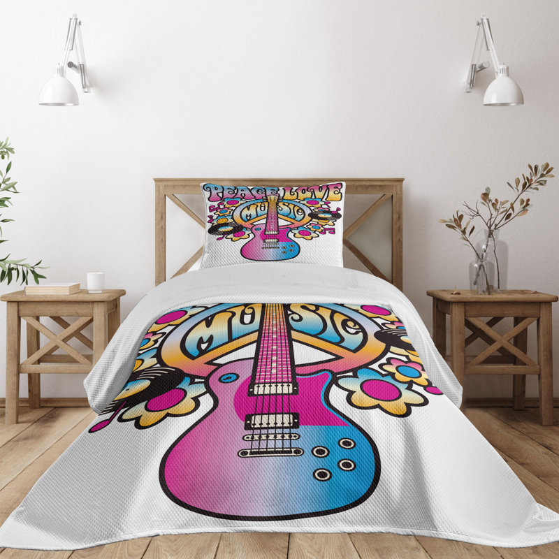 Colorful Peace Love Music Queen Quilted Bedspread Set
