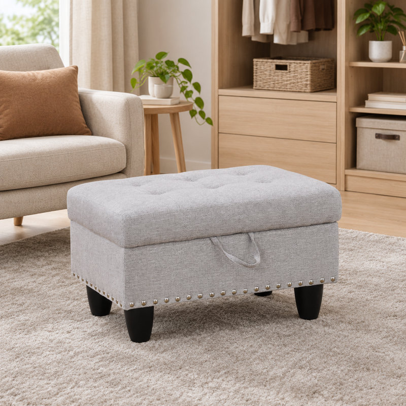 Flannel Upholstered Flip-Top Storage Ottoman with Soft Close Hinge, Footrest Bench