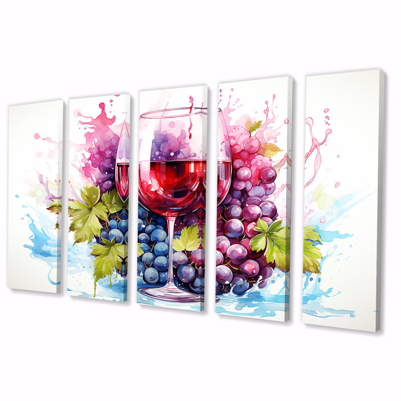 Grape Elegantburgundy Wine II - vin, art mural 5 pièces, H 32 po x l 80 po