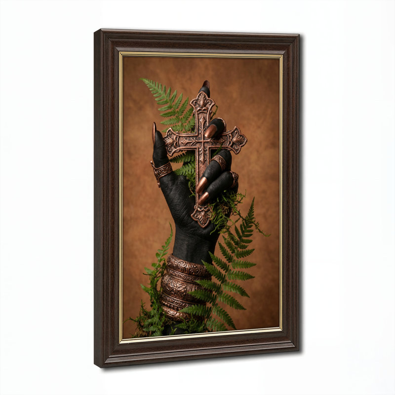 Art mural antique sur toile encadré doré pour le salon, la chambre à coucher, le bureau ou le vestibule - Décoration murale décorative avec croix foncée