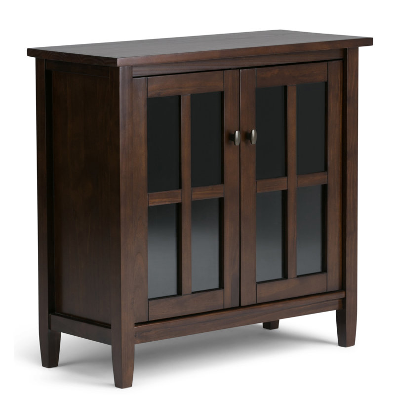 Warm Shaker 32"W Solid Wood Transitional Low Storage Cabinet with Tempered Glass Doors and Adjustable Shelves, Tobacco Brown