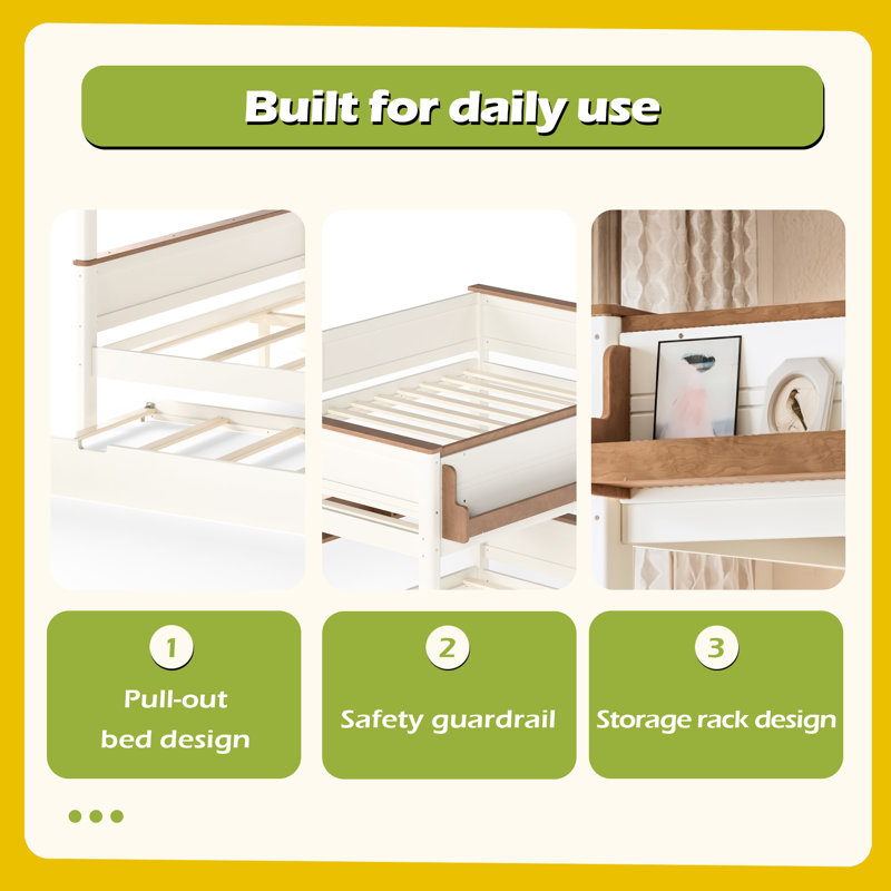 Lit superposé en bois Queen Over Queen avec lit gigogne, étagère de rangement latérale, cadre de lit superposé amovible, convertible en 2 lits séparés pour enfants, adolescents et adultes