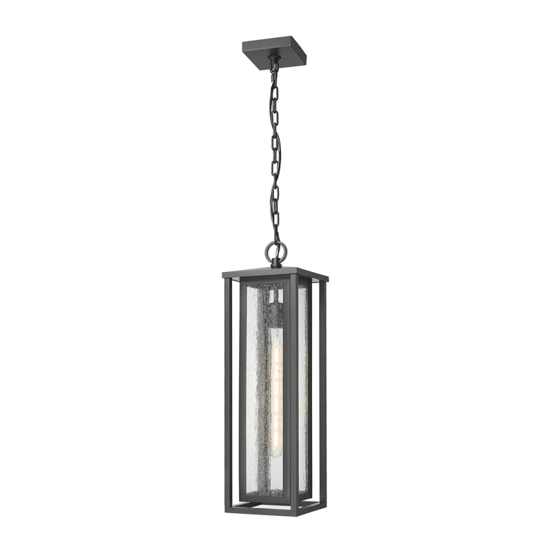 Ashland 7" 1-Light Matte Black Coastal Outdoor Hanging Latern Pendant With Seeded Glass, Seeded