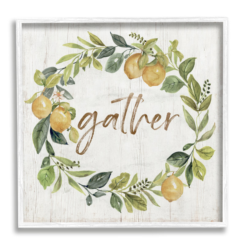 «Gather Circular Lemon Wreath Weathered Botanical Leaves» par Nan - cadre flottant, impression sur toile