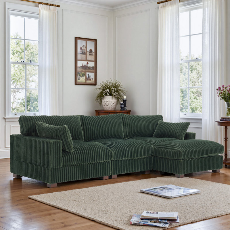 4 - Piece Upholstered Green Faux Rabbit Fur Flannel Reversible Modular Sofa Living Room Sectional Couch with Ottoman