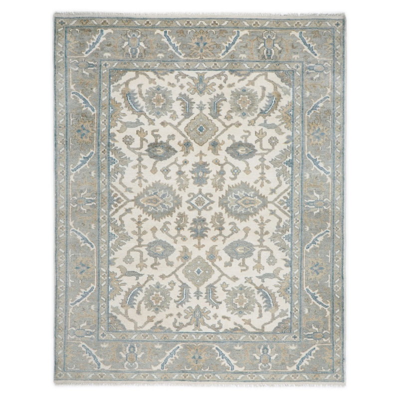 Tapis traditionnel ivoire en laine noué à la main 8 x 10 pi 6 po gris Oushak
