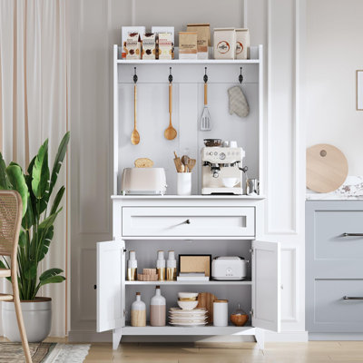 63'' Pantry Cabinet, 4 Hooks Kitchen Pantry Storage Cabinet with Drawer & Adjustable Shelves, Coffee Bar Table for Kitchen Room, Living Room, Dining Room, White