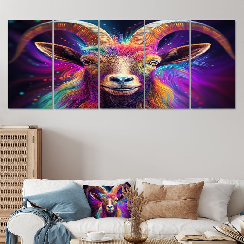 Celestial Gazing Portrait de chèvre - art mural 5 pièces, H 32 po x l 80 po