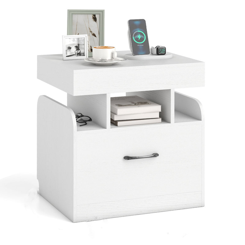 Nightstand Bedside Table With Drawer & Sliding Top Storage, White