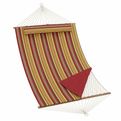 138Inch 2 Person Double Quilted Hammock, Outdoor Swing Bed with Wooden Spreader Bar, Mesh Bag, Cushion & Pillow, 450LBS Load Capacity with Hanging Chains, Red & Yellow Stripe