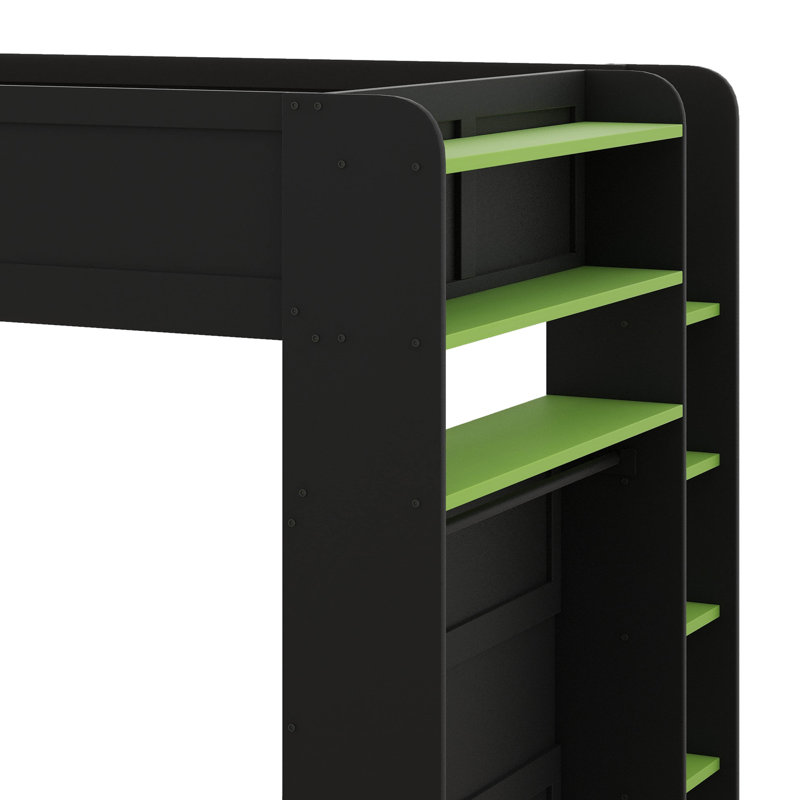 Full-Size Bunk Bed With Height-Adjustable Desk, Includes Wardrobe And RGB Lighting Options, Green