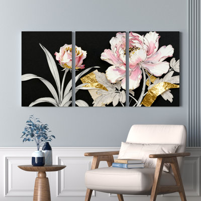 Pivoine rose et feuille d'or, reproduction d'art sur toile, ensemble botanique moderne (ensemble de 3)