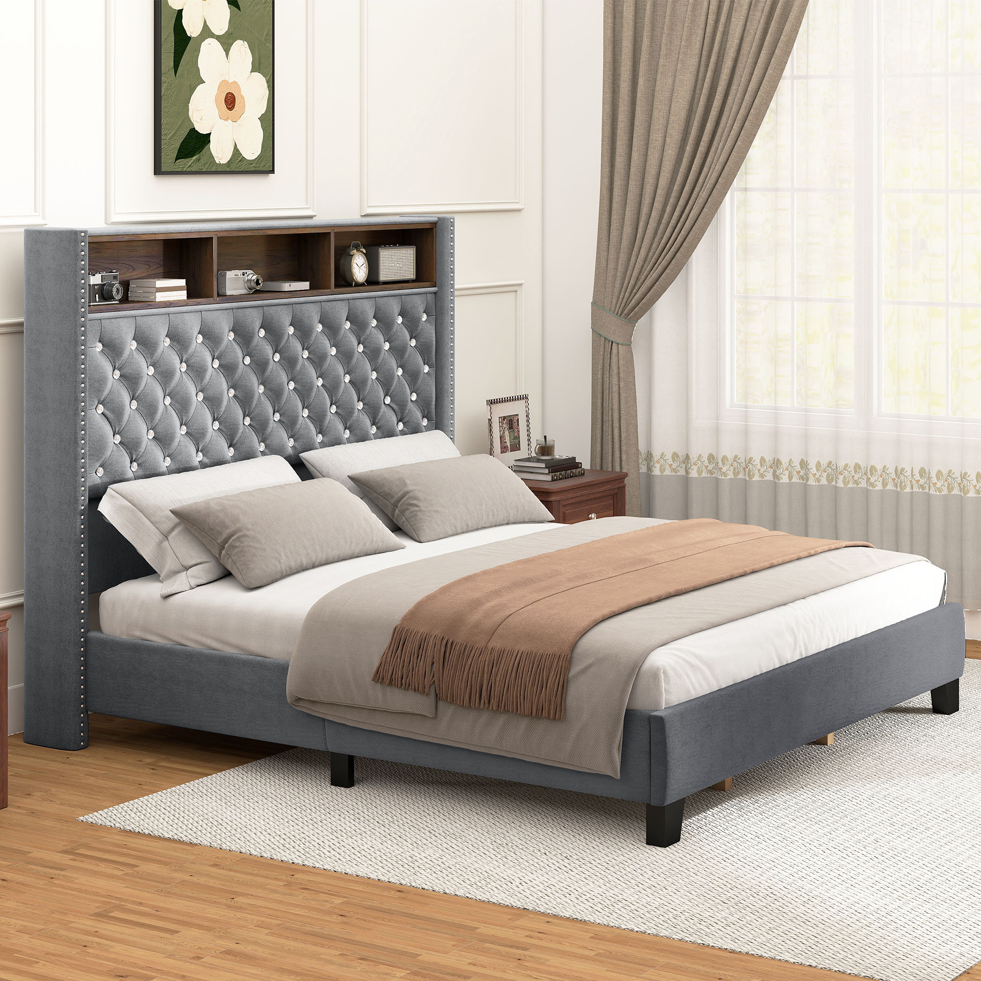 Ebern Designs Crystal Tufted Velvet Upholstered Bed Frame with Power ...