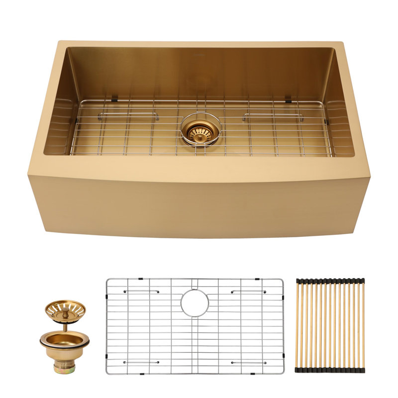 33'' L Farmhouse / Apron Single Bowl Stainless Steel Kitchen Sink, Gold