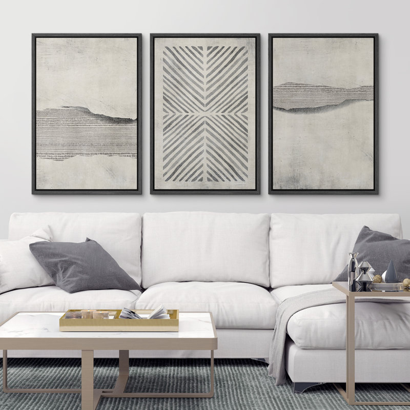 Geometric Abstract Simple Neutral Modern Pictures Home Decor - Framed Canvas Print Wall Art Work, Black Framed
