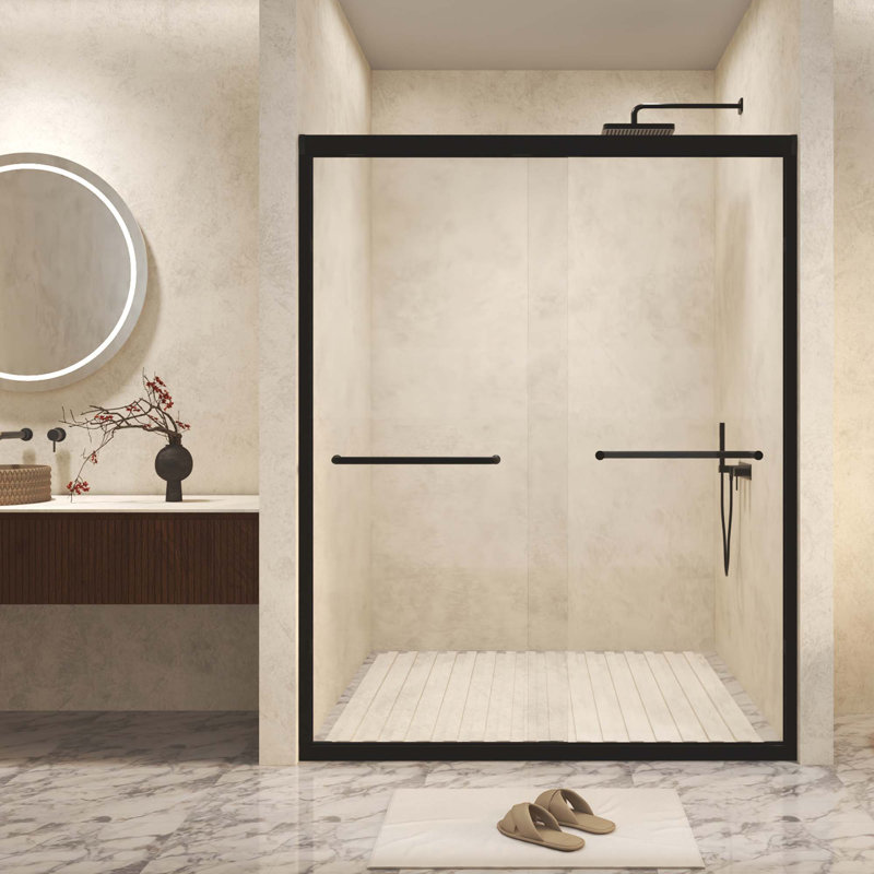 Tempered Glass With Explosion Proof Film,Aluminum Frame Double Sliding Shower Door,Stainless Steel Handle, Black