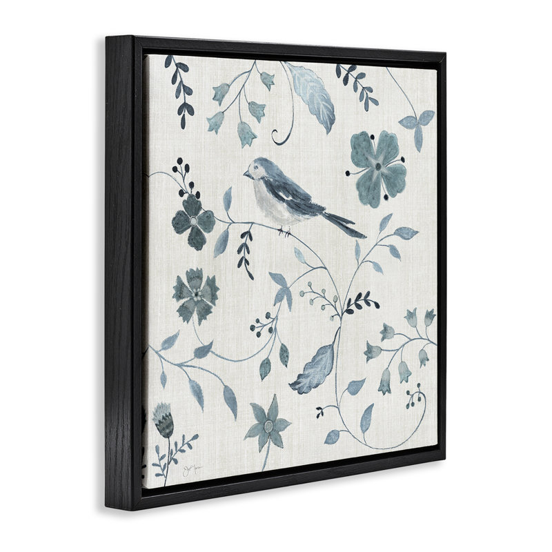 Oiseau avec motifs botaniques, Cadre flottant noir de jais, H 18 po x l 18 po