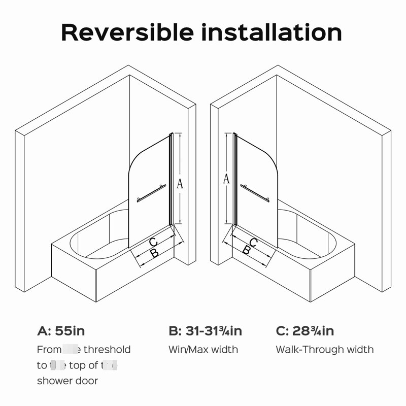31 In. Wide * 55 High Pivot Shower Door Panel For Bathtub, 6mm Tempered Glass, Black, Stainless Steel Handle, Easy Installation W H 1/4" (6mm) - To Install, Lifting Structure