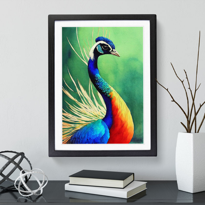 Painted Peacock No.2 - Single Picture Frame Print, 34cm H x 25cm W x 2cm D, Black Framed
