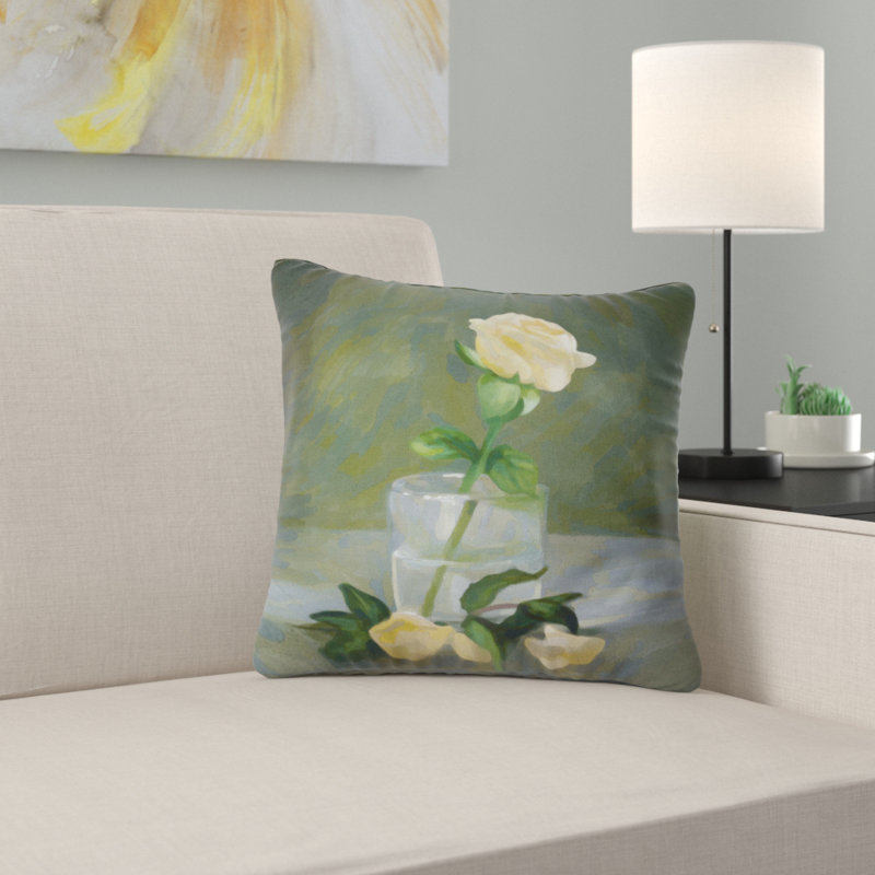 Rose fleur en verre aquarelle - coussin imprimé floral, 16 po x 1 po, Coussin décoratif