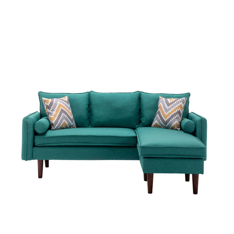 Mia 70"W Green Sectional Sofa Chaise With USB Charger & Pillows, Green Linen